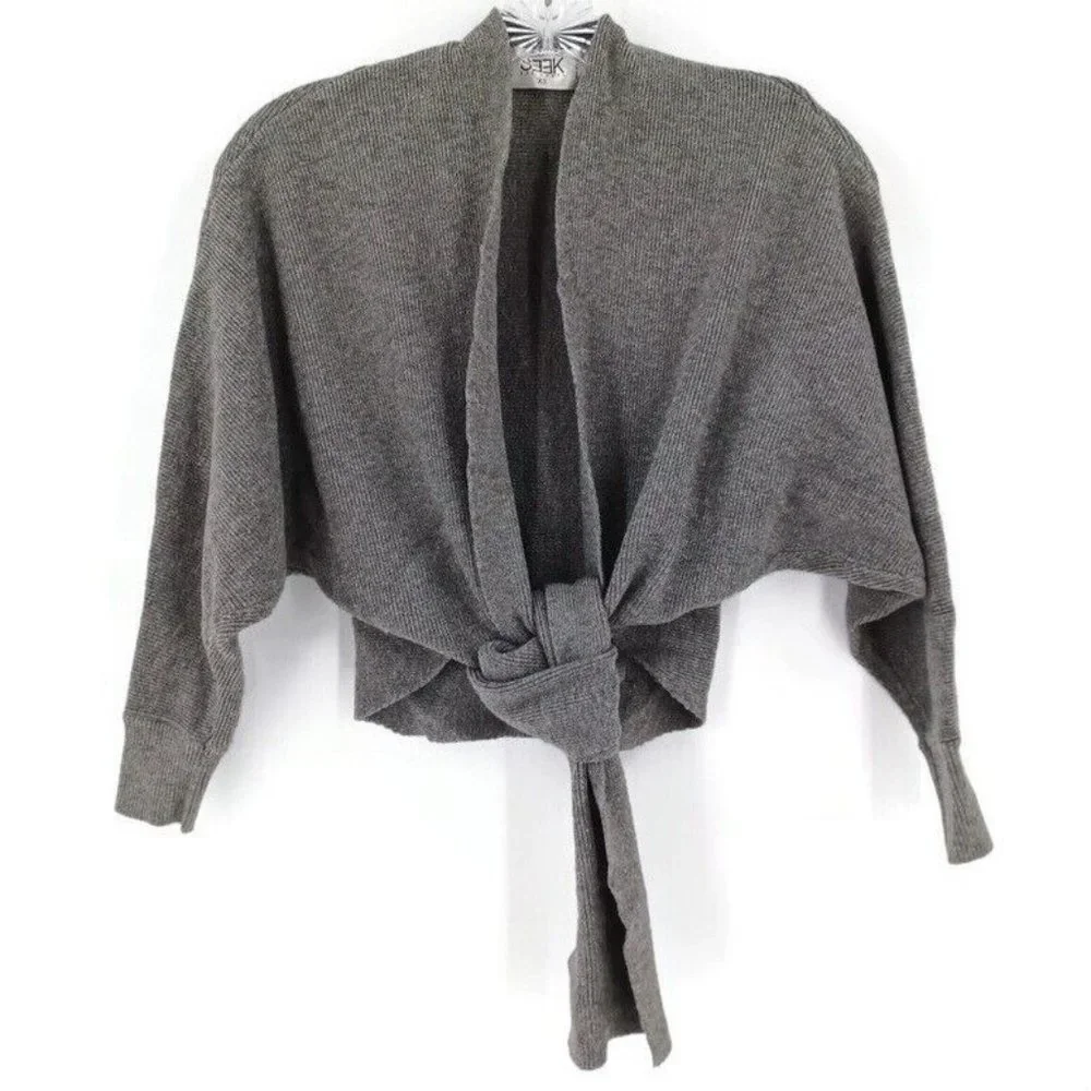 SEEK THE LABEL Sz XS Gray Ribbed Tie Front Half Sleeve Cardigan Fall Cozy Modern - Picture 2 of 15